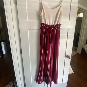 Francesca’s jump suit white top striped white and maroon bottoms